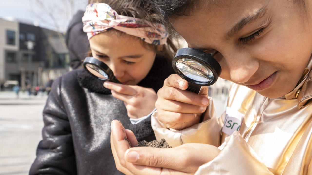 Kinderen inspecteren grond