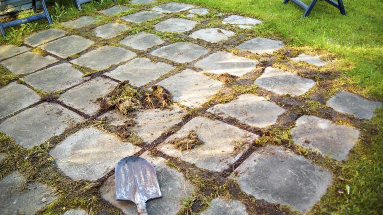 Schep op tegels in tuin 