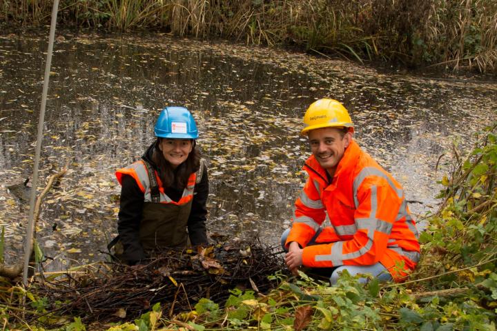 Het eerste verzamelde meerkoetnest in Vijfsluizen door hoogleraar Barbara Gravendeel van Naturalis Biodiversity Center en senior adviseur ecologie Vincent Nederpel van Heijmans voor onderzoek naar het effect van zwerfafval.