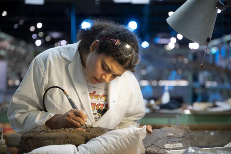 Yasmin Grooters aan het werk in het dinolab