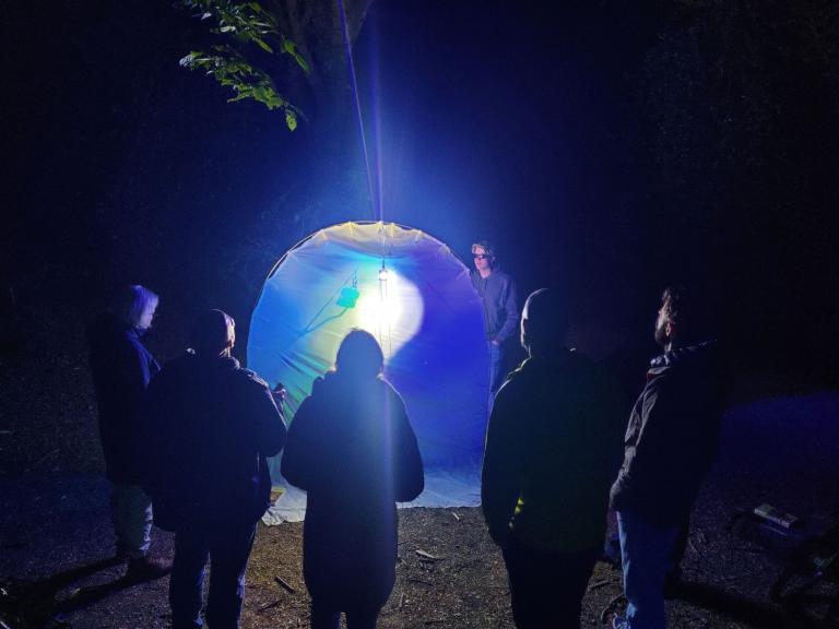 Bezoekers bij een verlicht scherm dat bedoeld is om nachtvlinders te vangen